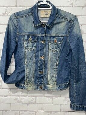Zara Jacket Womens Medium Blue Denim Jean Distressed Coat Ladies